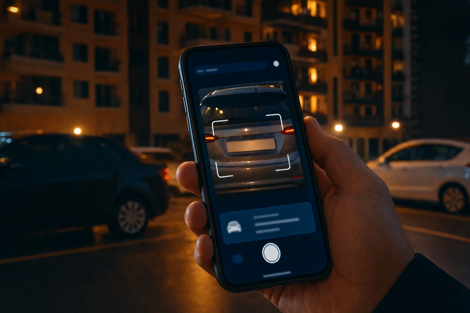 Phone camera scanning a license plate for permit verification in an apartment parking lot at night
