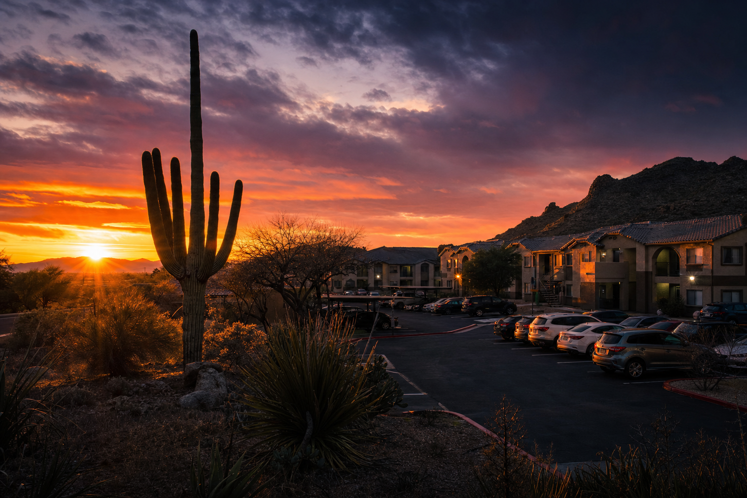 Desert apartment community parking lot at dusk
